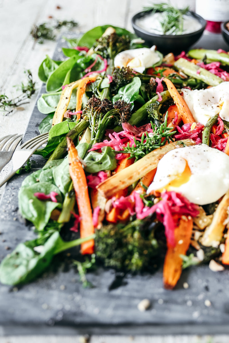 Roast Parsnip, Carrot & Broccolini Salad with Wild Kraut & Coconut Yoghurt