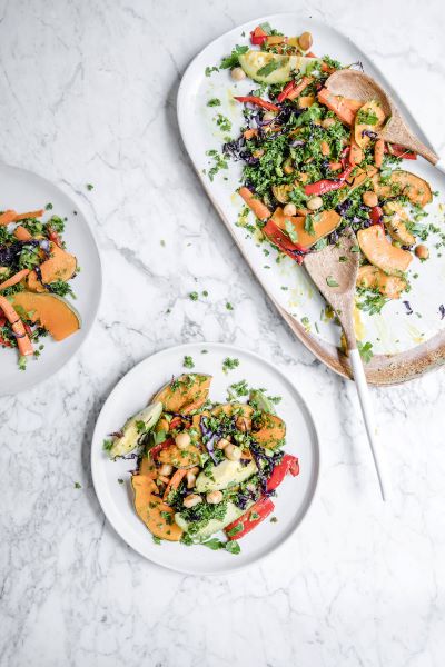 Pumpkin Fries, Crispy Red Cabbage and Avocado Salad with Turmeric Tahini Dressing