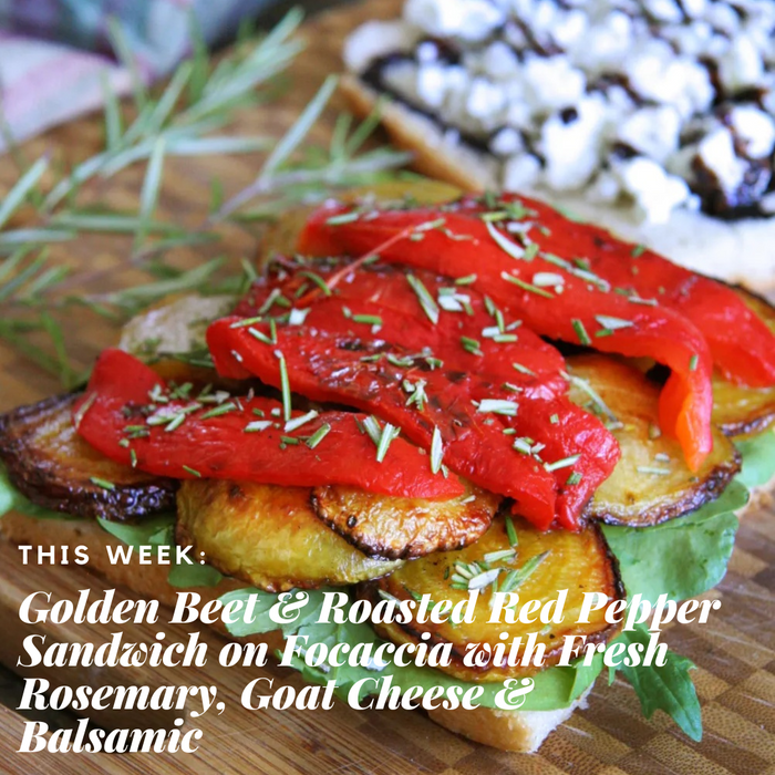 Golden Beet & Roasted Red Pepper Sandwich on Focaccia with Fresh Rosemary, Goat Cheese & Balsamic