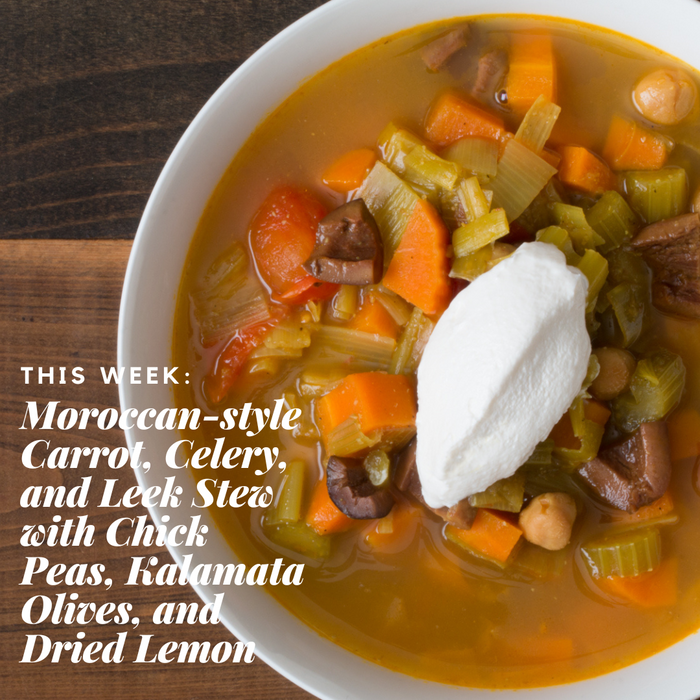 Moroccan-style Carrot, Celery, and Leek Stew with Chick Peas, Kalamata Olives, and Dried Lemon
