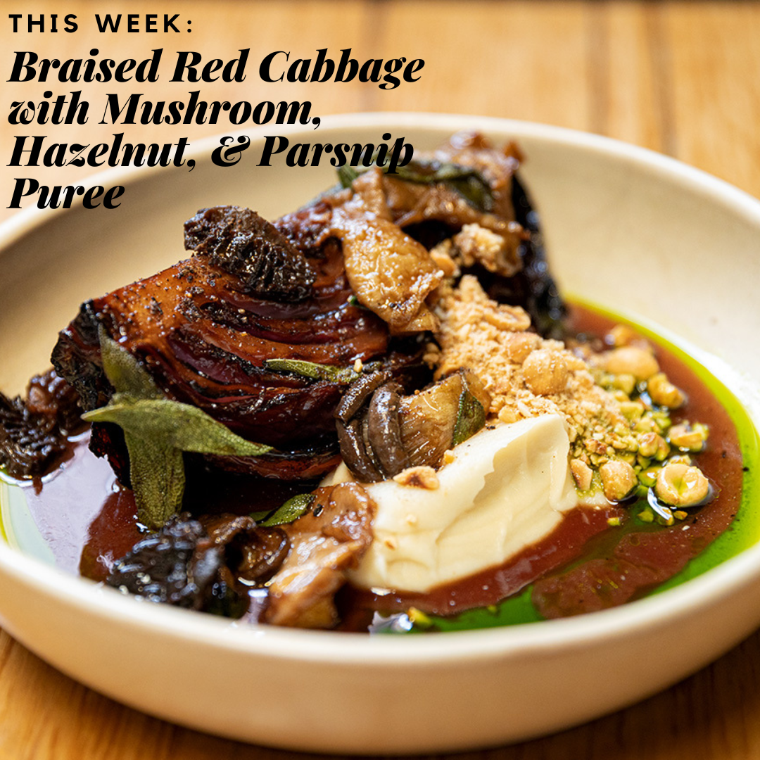 Braised Red Cabbage with Mushroom, Hazelnut, & Parsnip Puree