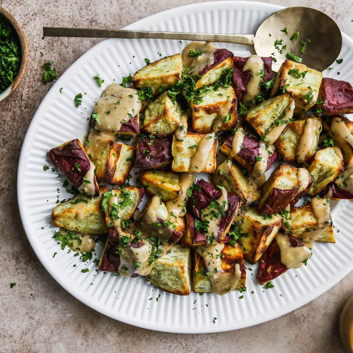 Roasted Japanese Sweet Potatoes With Miso Maple Tahini