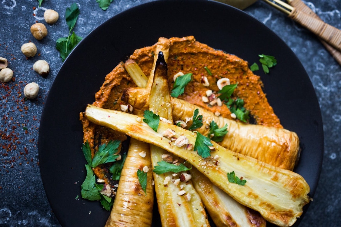 Roasted Parsnips with Romesco Sauce
