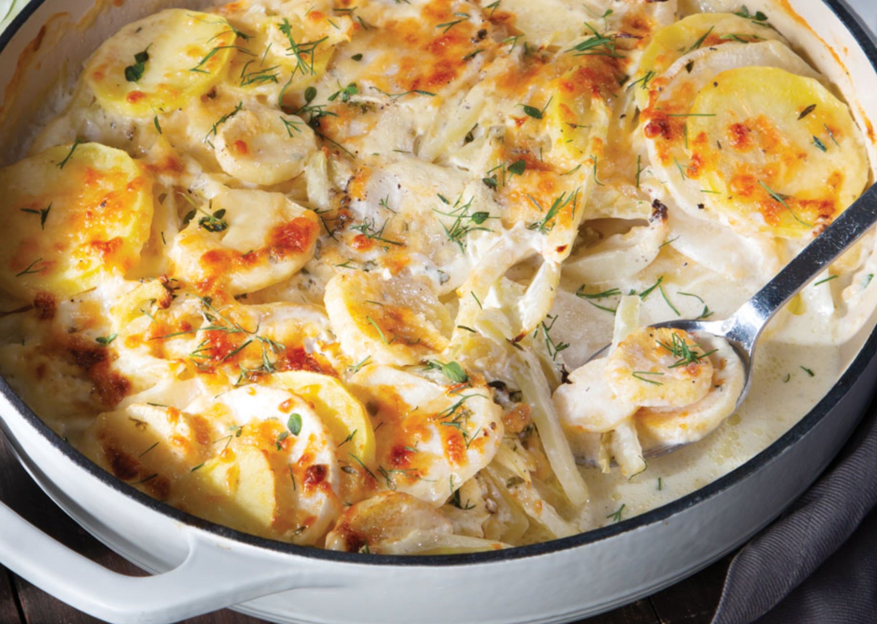 Scalloped Potato, Parsnip, Turnip and Fennel Casserole