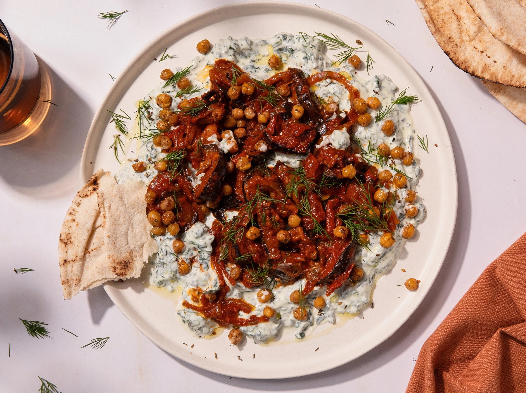 Spinach Borani with Roasted Eggplant and Crispy Chickpeas