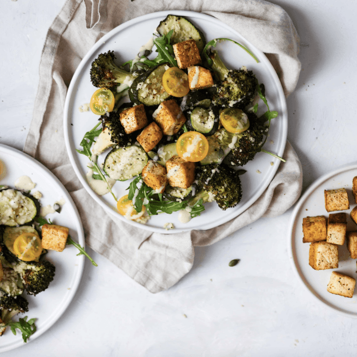 Zucchini, Broccoli & Rocket Salad with Crispy Jerk Tofu