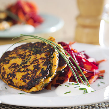Sweet Potato, Silverbeet & Fetta Cakes with Beetroot & Carrot salad