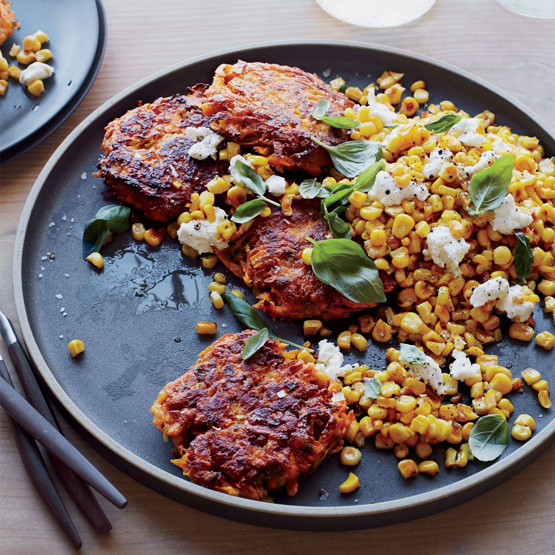 Sweet Potato Cakes with Yellow Corn, Basil and Goat Cheese