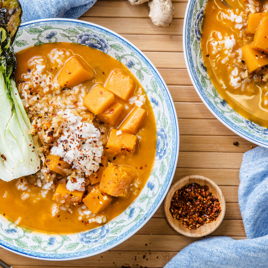 Winter Squash Soup with Sticky Rice and Sesame Bok Choy