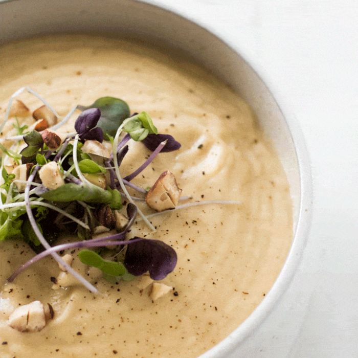 Roasted Garlic, Cauliflower and Parsnip Soup with Balsamic Caramelized Onions