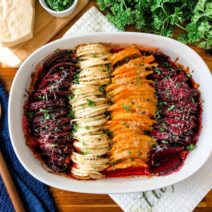 Sweet Potato, Parsnip & Beet Gratin