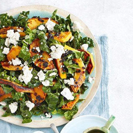 Warm honey-roasted pumpkin, silverbeet and currant salad