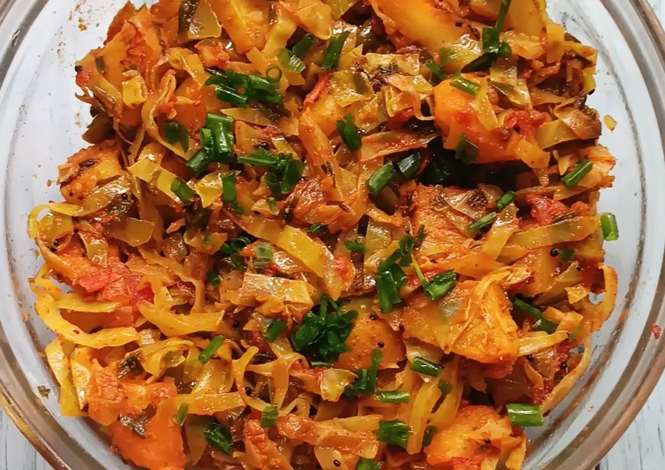 Cabbage, Potato And Spring Onion Subji