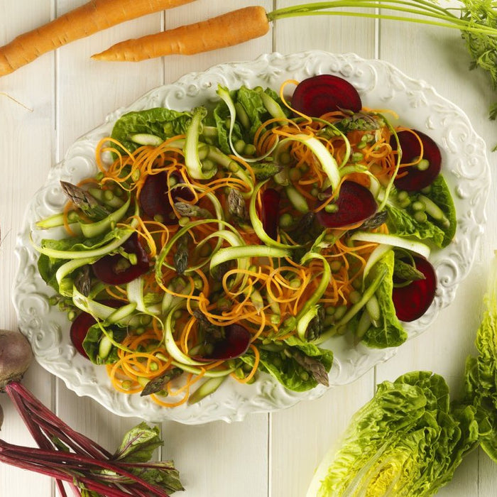 Carrot, Asparagus and Beetroot Salad with a Creamy Tahini Dressing