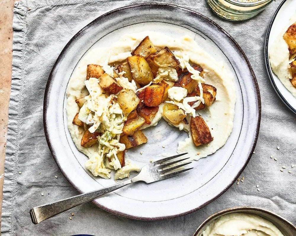 Cauliflower, Parsnip and Roast Garlic Puree with Crispy Roast Potatoes and Fennel Slaw