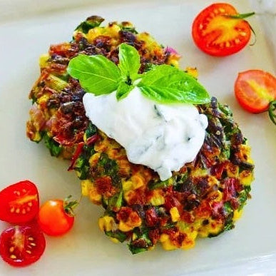 Silverbeet and Corn Fritters with Herbed Goat Cheese Sauce