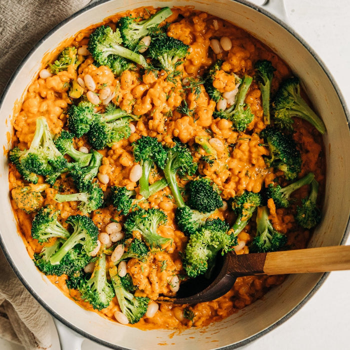 Cheesy Vegan Broccoli & Barley with White Beans