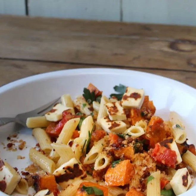 Penne with Roasted Pumpkin, Capsicum, Haloumi and Chorizo Crumb