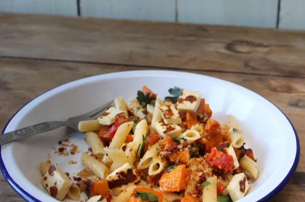 Penne with Roasted Pumpkin, Capsicum, Haloumi and Chorizo Crumb