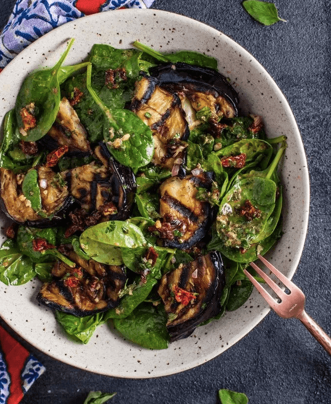 Grilled eggplant and spinach salad