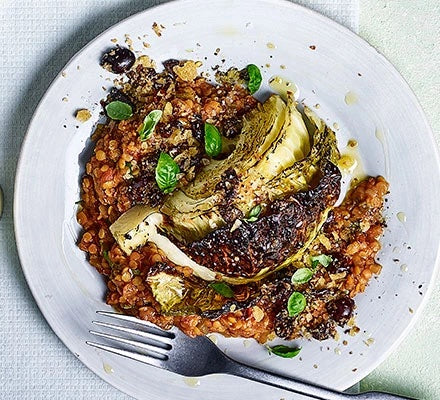 Italian-style Roast Cabbage Wedges with Tomato Lentils