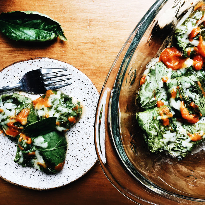 Creamy Kale, Cauliflower and Eggplant “Ravioli”