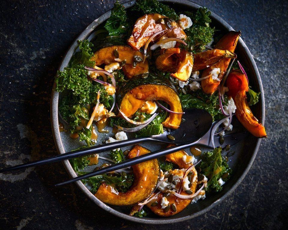 Pumpkin with Miso, Kale and Feta