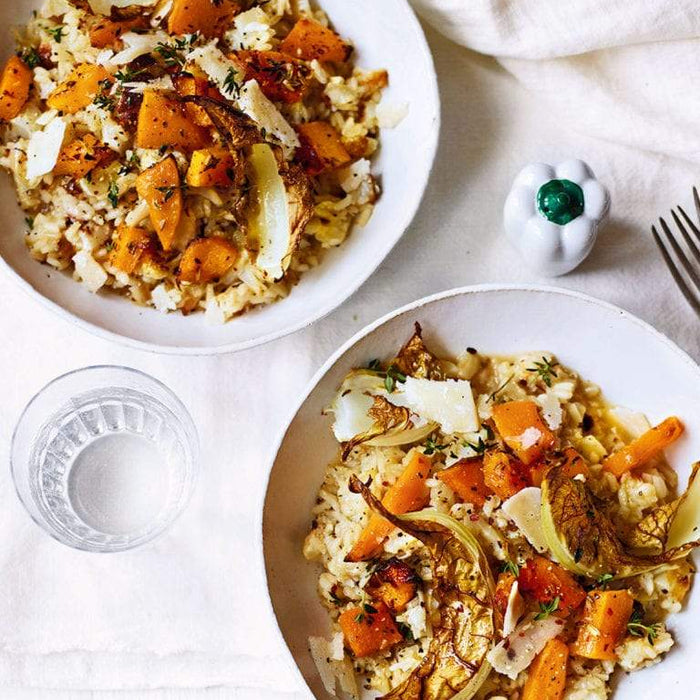 Oven-roasted spiced squash and cauliflower risotto
