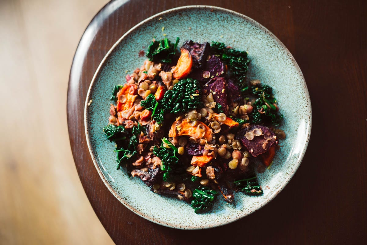 Roast Beetroot and Carrot Lentils With Black Cabbage