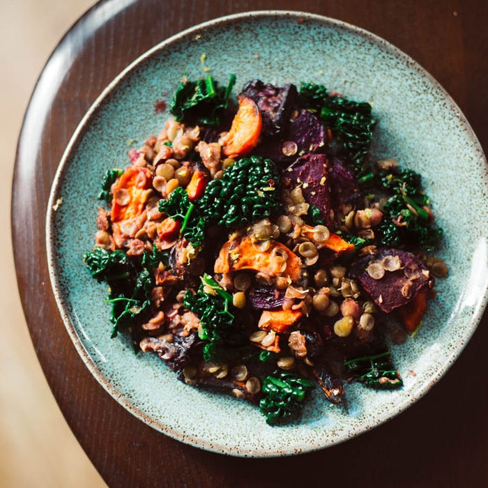 Roast Beetroot and Carrot Lentils With Black Cabbage