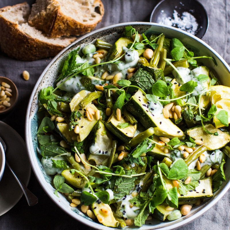 Roast Zucchini, Green bean, Chickpea & Broad Bean Salad