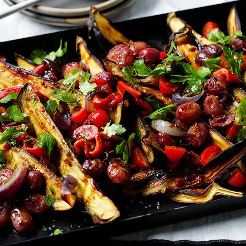 Roasted Eggplant with Sticky Tomato, Capsicum and Grapes