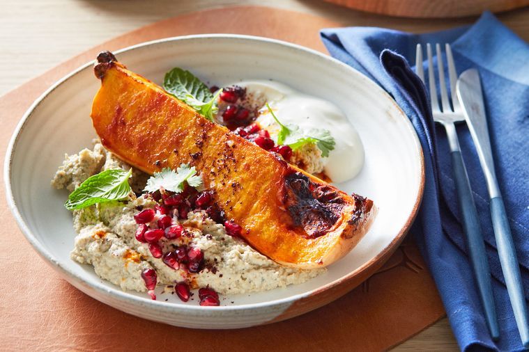 Roasted pumpkin, eggplant hummus and sumac brekkie bowl