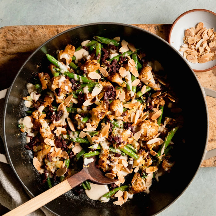 Smoky Sautéed Cauliflower with Green Beans, Tahini & Almonds