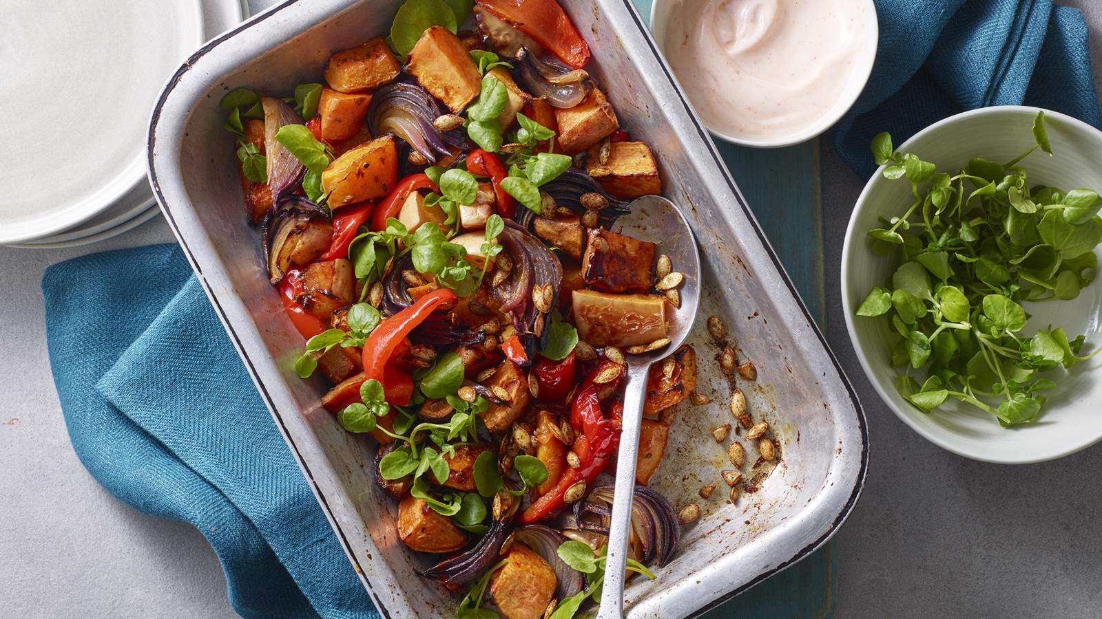 Sticky Pumpkin And Sweet Potato Traybake