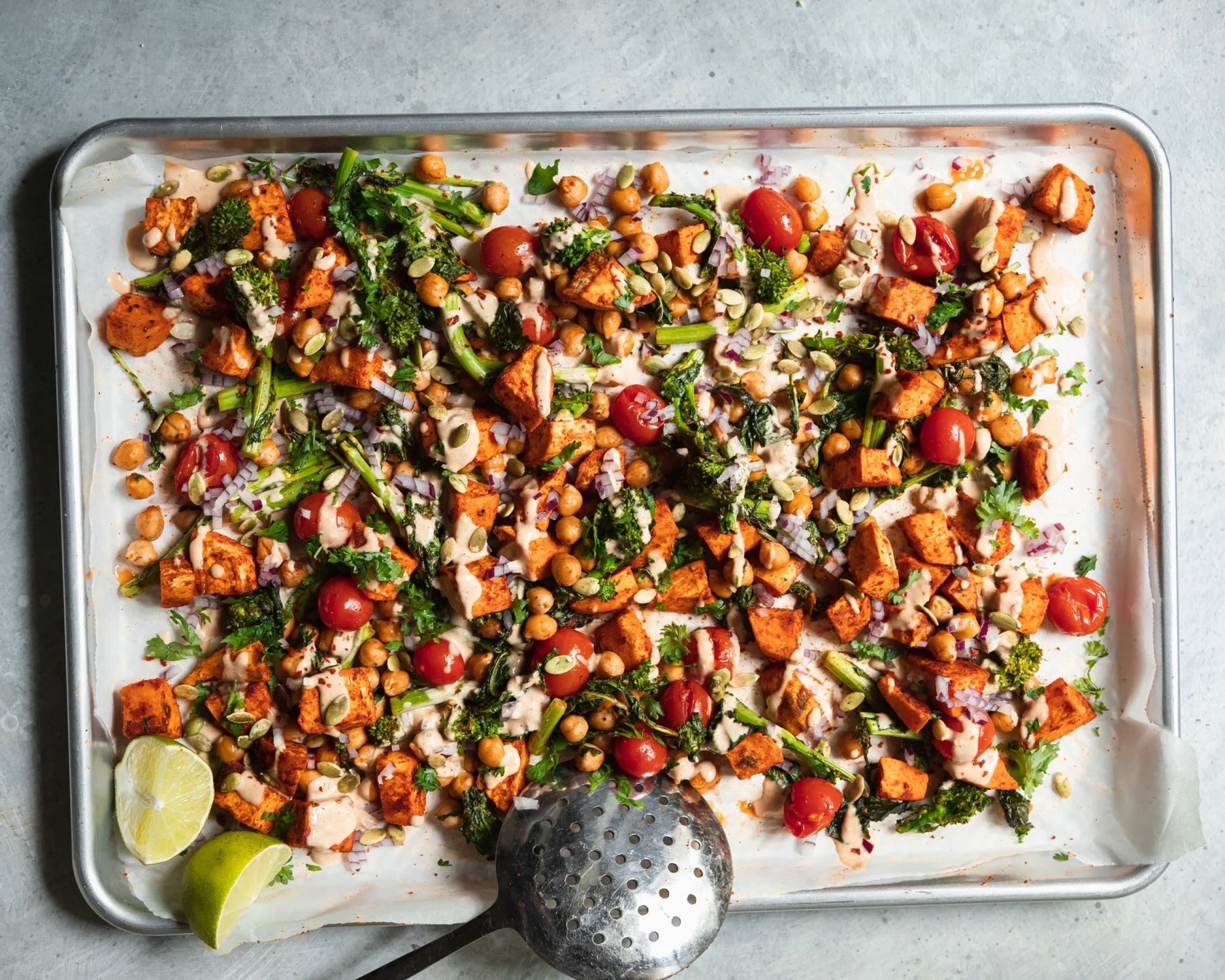 Sweet Potato & Broccolini Sheet Pan Dinner with Peanut Sauce