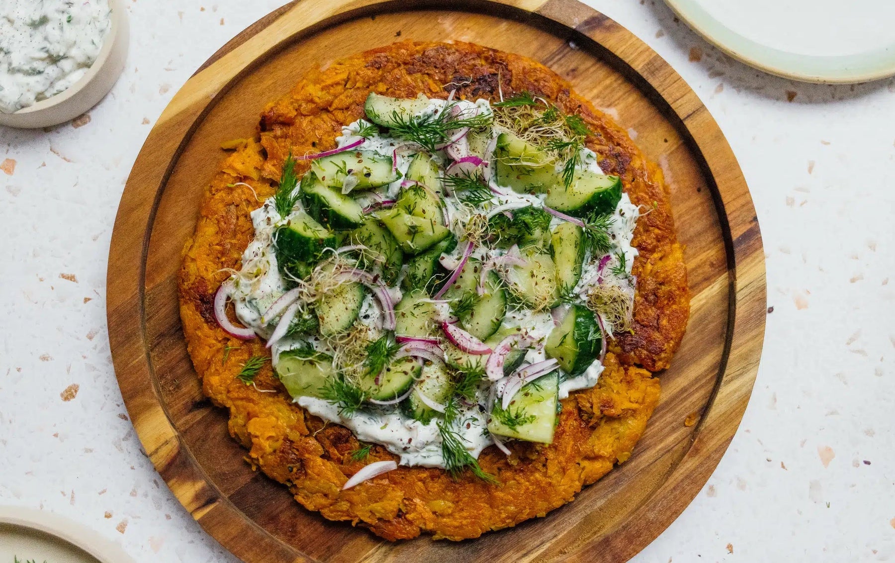 Sweet Potato Fritters with Cucumber Salad & Curd with Herbs