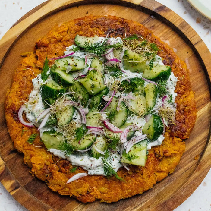Sweet Potato Fritters with Cucumber Salad & Curd with Herbs