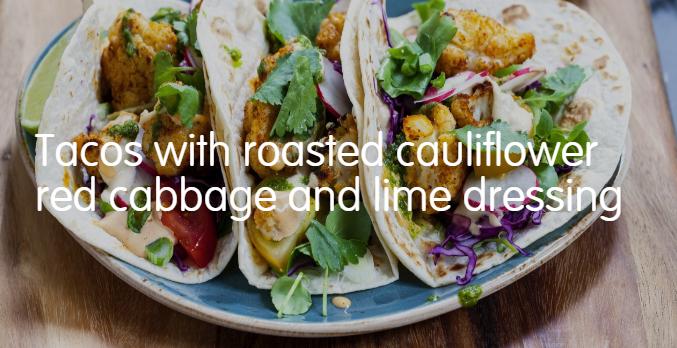 Tacos with roasted cauliflower red cabbage and lime dressing