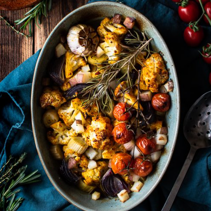 Turmeric & Mustard Roasted Cauliflower with Leek, Garlic & Potato