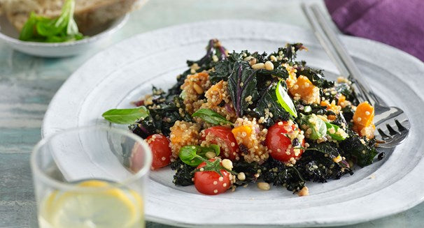 Warm kale, pumpkin and tomato salad