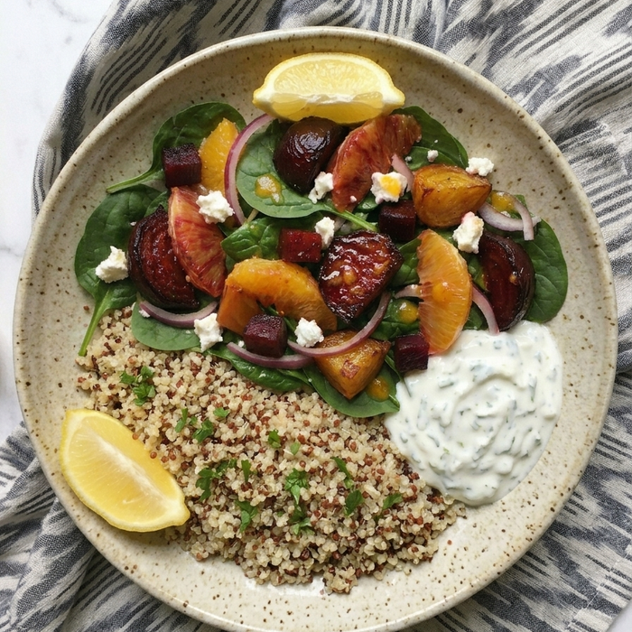 Roasted Beetroot & Spinach Salad with Orange Citrus Dressing