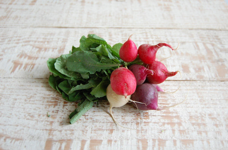 Red radish bunch, organic small round scarlet roots with leafy tops | Food Garden